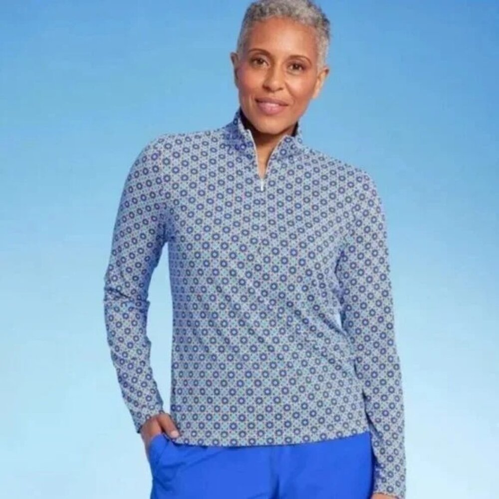 NEW Lands' End Women's UPF 50 Geo Print Long Sleeve Quarter Zip Rash Guard
